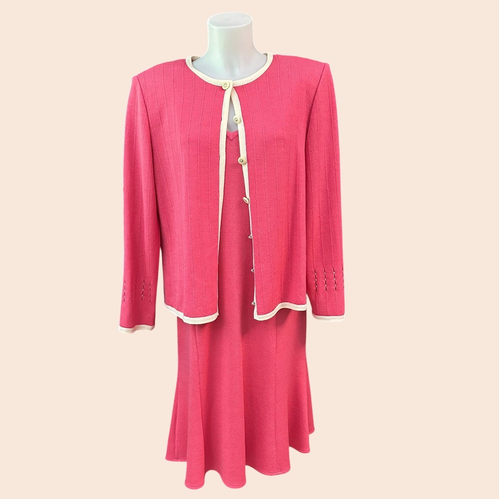 St. John Salmon Pink Knit Dress and Button Up Cardigan 2 Pc Set Vintage Large